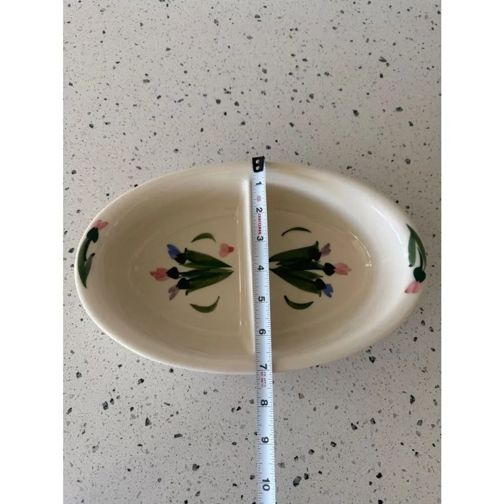 CLAY DESIGN VINTAGE 90s  Pottery Divided Serving Dish Hand Painted Irises USA